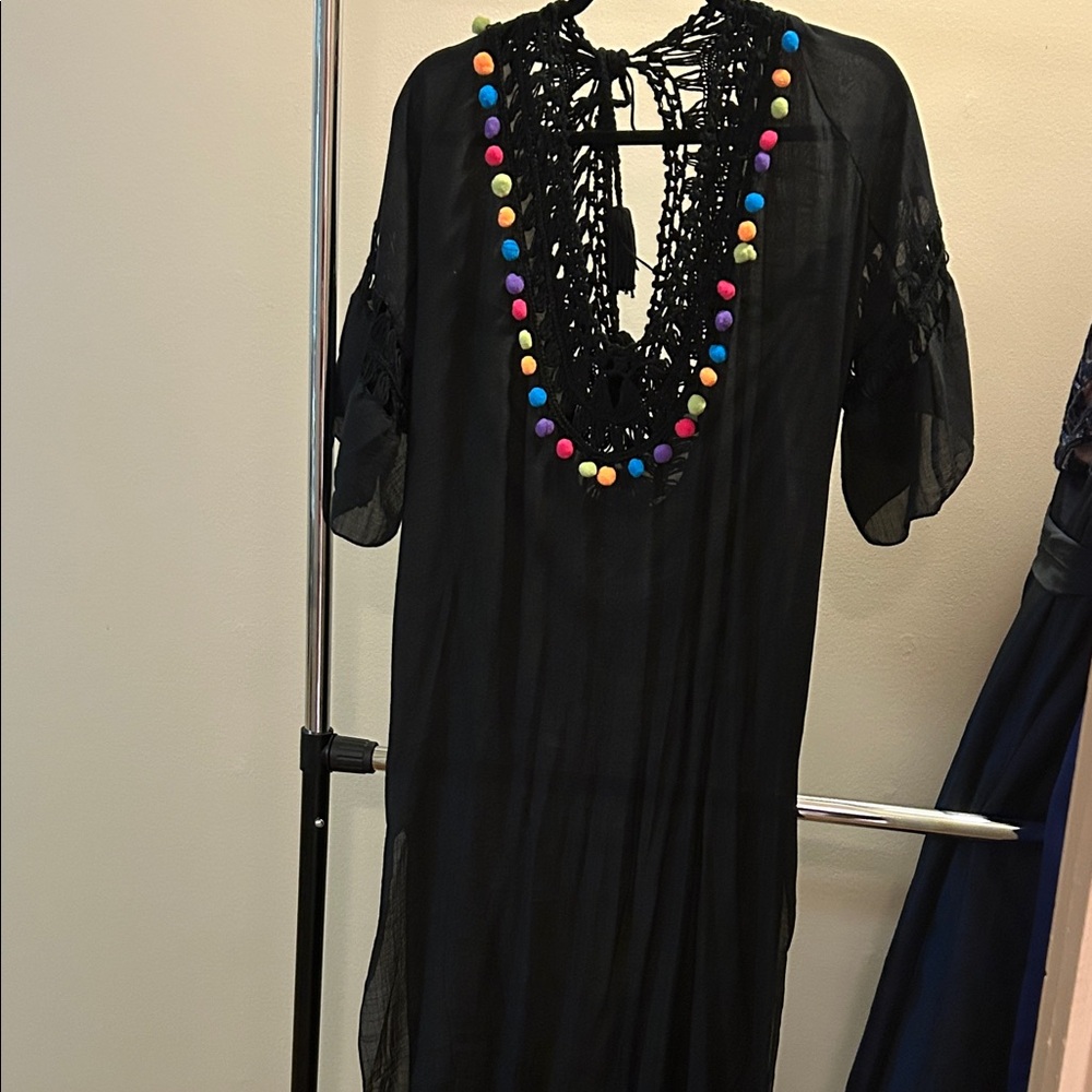 Black Crochet Pom-Pom Swim Coverup